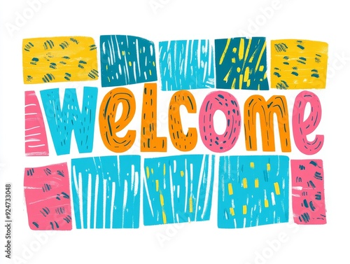Slogan in big letters “Welcome” on background of colorful bright spots, squares, vector illustration. Slogan, invitation, opening, call, postcard, design, decoration, background, wallpaper, print, tex