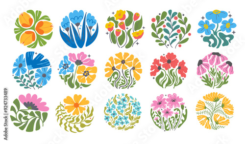 Set of multicolored abstract floral botanical circle in trendy naive retro hippie 60s 70s style. Groovy abstract flower set.