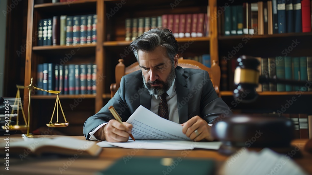 A lawyer sitting at a desk, writing notes in a legal pad with a serious expression. A lawyer sitting at a desk, writing notes in a legal pad with a serious expression.
