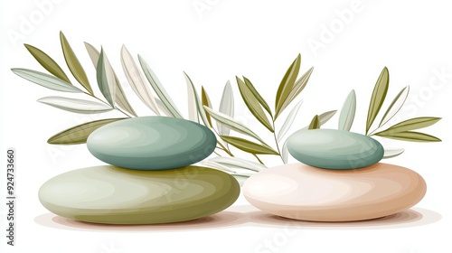A serene arrangement of smooth stones and olive leaves, symbolizing tranquility and balance.