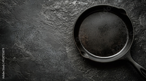 Empty cast iron frying pan on dark grey culinary background, view from above 