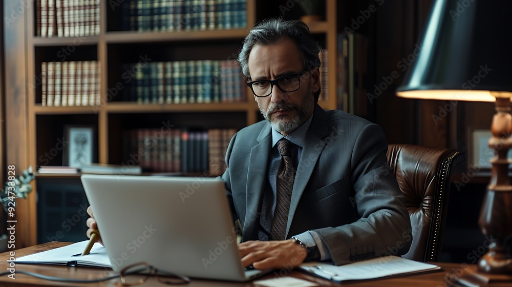 A lawyer sitting in a conference room, ready to start a deposition, with a laptop and legal files on the table. A lawyer sitting in a conference room, ready to start a deposition, with a laptop and legal files on the table.