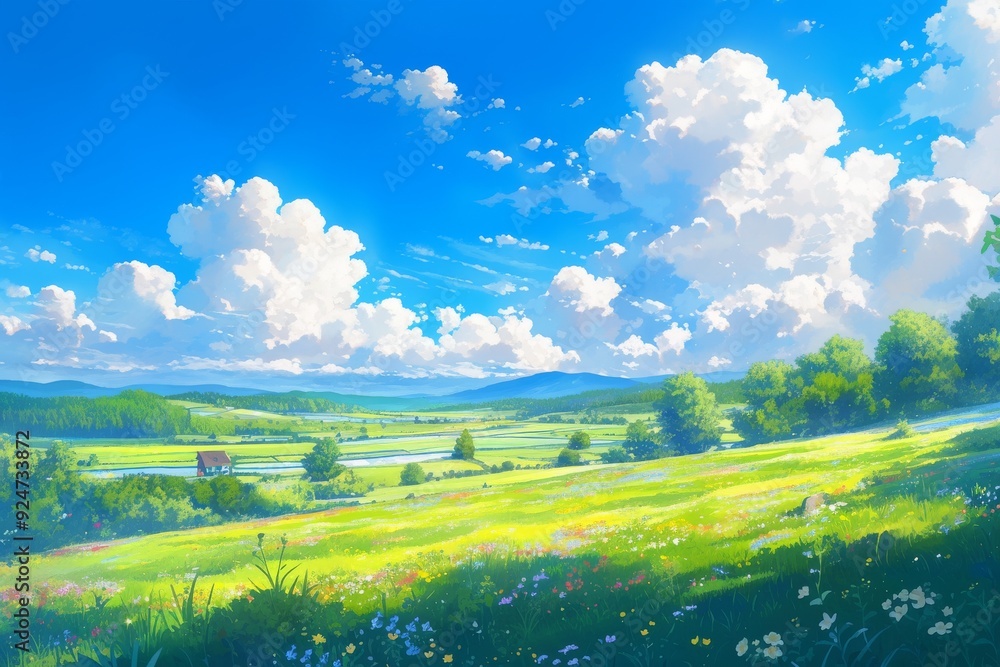 Fototapeta premium Scenic Landscape of Green Meadows, Rolling Hills, and Blue Sky with Fluffy Clouds, Digital Painting or Illustration