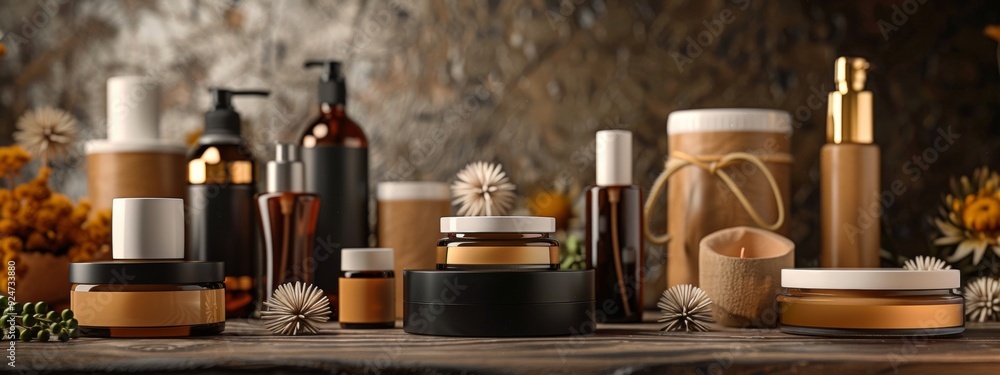Elegant and earthy skincare products on a rustic wooden table with autumnal accents Elegant and earthy skincare products on a rustic wooden table with autumnal accents