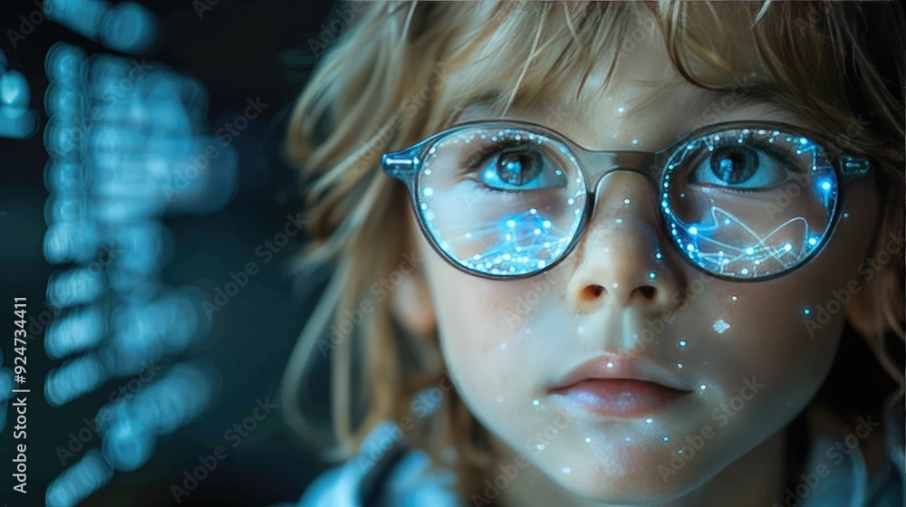 Portrait of little boy in front of a computer screen with binary code ...