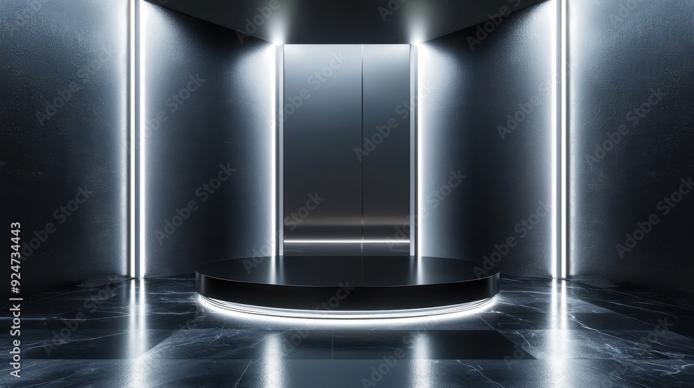 Obraz premium Platinum Showcase Podium in Empty Room, High Shine Polished Metal with Mirrored Surfaces and Black Trim, Ideal for Cosmetic Product Presentations