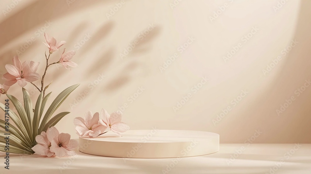 Round podium with a stone texture and natural leaf shadows on a beige background, designed for product showcases Round podium with a stone texture and natural leaf shadows on a beige background, designed for product showcases