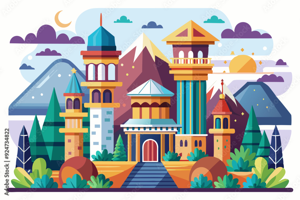 Naklejka premium Fantasy Village with Colorful Towers, Mountains, and Lush Greenery