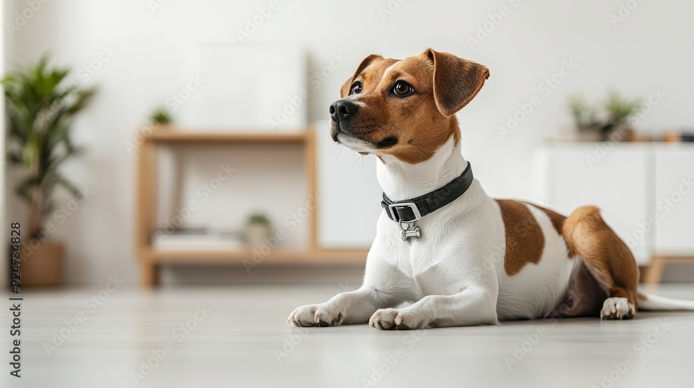 A calm dog laying on the floor in a modern living room, showcasing a serene atmosphere and stylish interior design. A calm dog laying on the floor in a modern living room, showcasing a serene atmosphere and stylish interior design.