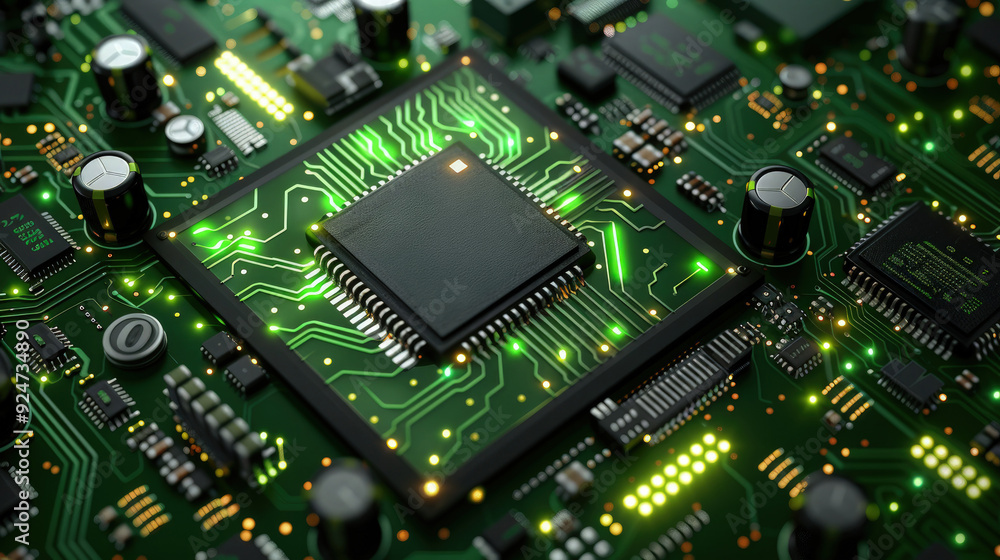 Fototapeta premium Circuit board microchips with green backlight. Nanotechnology sustainable background.
