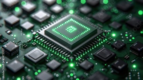 Circuit board microchips with green backlight. Nanotechnology sustainable background.