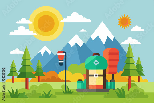 Mountain View With Backpack, Trees, And Sun