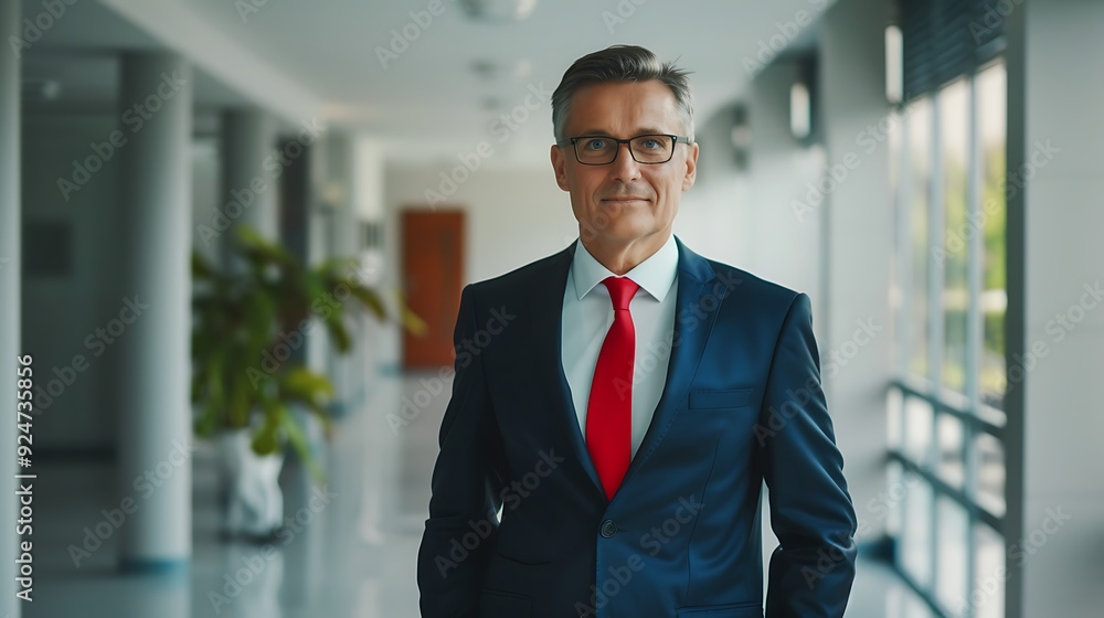A middle-aged businessman with glasses, dressed in a dark blue suit and red tie, standing confidently in an office hallway. A middle-aged businessman with glasses, dressed in a dark blue suit and red tie, standing confidently in an office hallway.