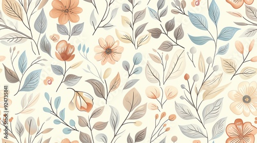 Seamless pastel-colored floral and leaf pattern, hand-drawn style