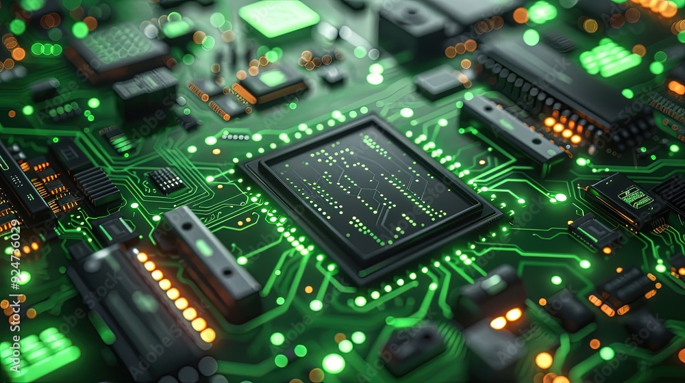 Circuit board microchips with green backlight. Nanotechnology sustainable background. Circuit board microchips with green backlight. Nanotechnology sustainable background.