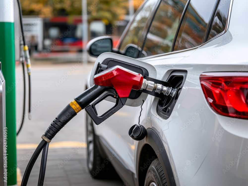 A close-up of a fuel pump nozzle filling a modern car at a gas station, highlighting convenience in everyday travel. A close-up of a fuel pump nozzle filling a modern car at a gas station, highlighting convenience in everyday travel.