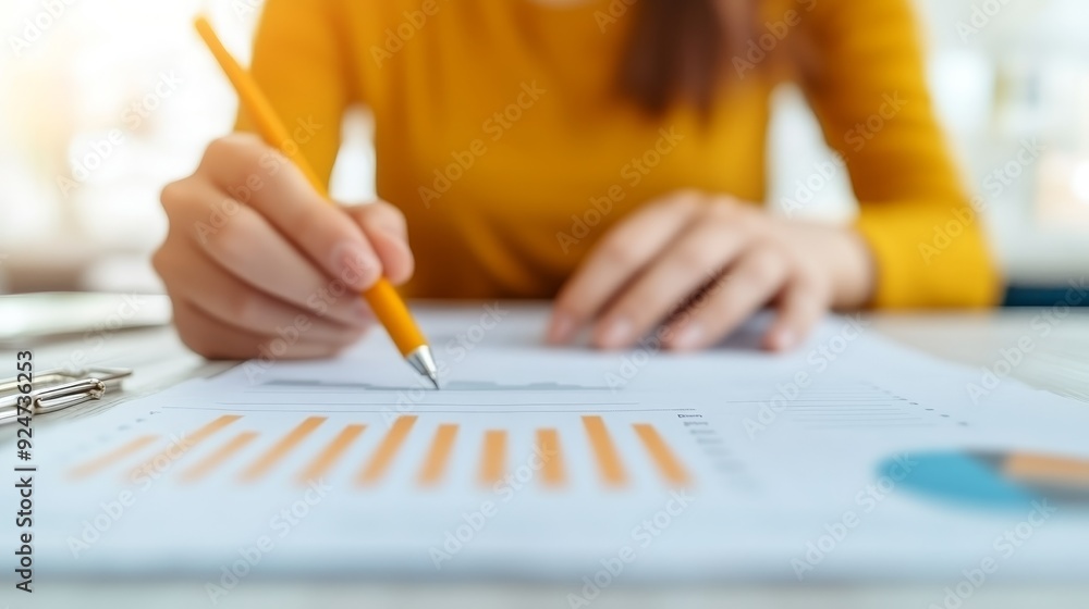 A close-up of a person analyzing charts and graphs with a pencil, showing focus on data and detailed work in an office setting. A close-up of a person analyzing charts and graphs with a pencil, showing focus on data and detailed work in an office setting.