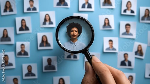 magnifying glass over employee portraits, highlighting one person, symbolizing selection or recruitment