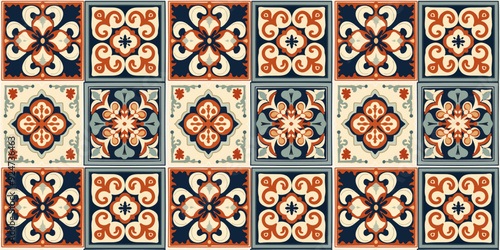 moroccan ornament texture ceramic tile, arabesque square shape design, Portuguese Lisbon Azulejos style. Vector seamless pattern