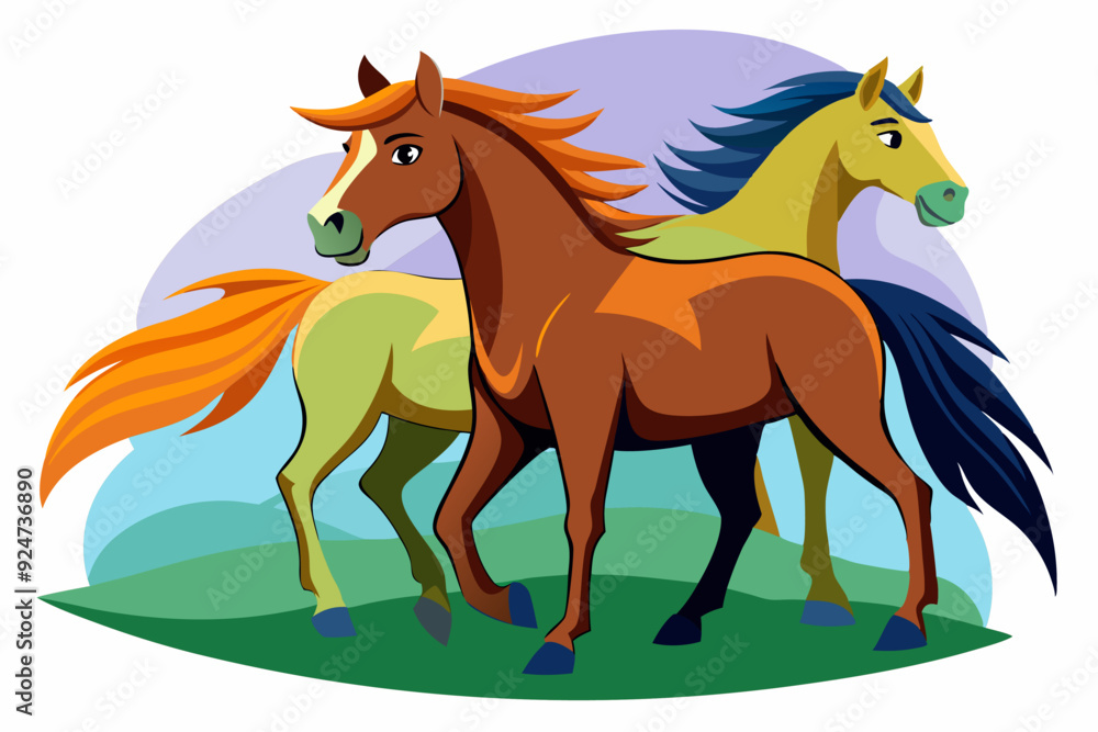 Two Cartoon Horses Standing Side by Side on a Green Meadow Two Cartoon Horses Standing Side by Side on a Green Meadow