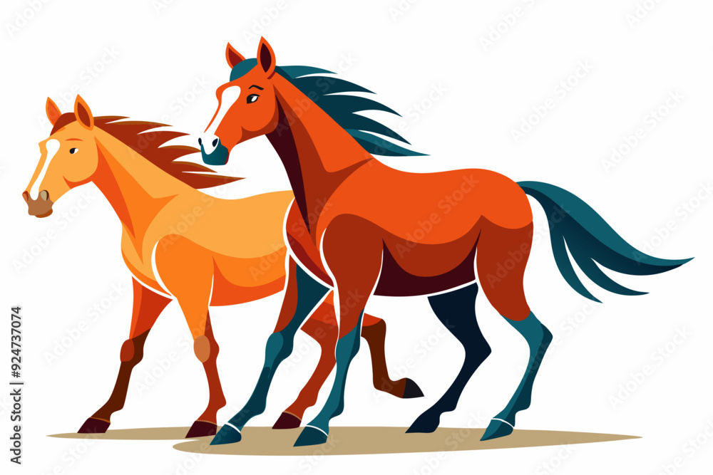 Two Horses Running Side-by-Side, One Orange and One Brown with a Blue Mane Two Horses Running Side-by-Side, One Orange and One Brown with a Blue Mane