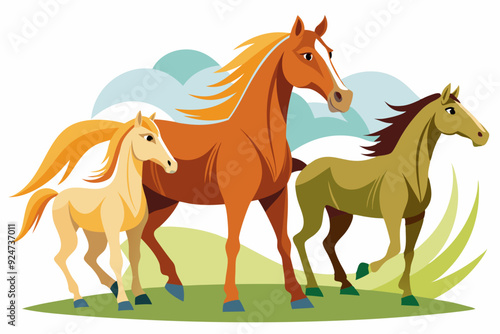 Three Horses Standing on a Grassy Hill