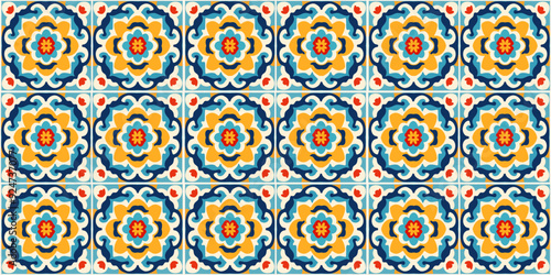 Floral ornament tiles texture Portugal, Spanish, Turkish oriental majolica azulejo, seamless pattern