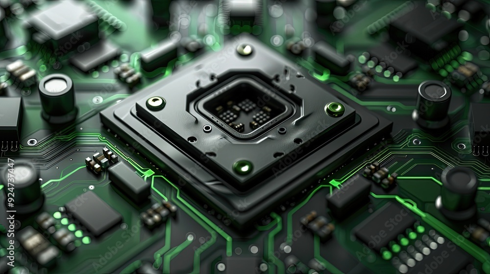 Circuit board microchips with green backlight. Nanotechnology sustainable background. Circuit board microchips with green backlight. Nanotechnology sustainable background.