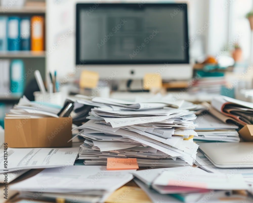 A cluttered office desk filled with stacks of paperwork, showcasing an organized chaos in a modern workspace environment. A cluttered office desk filled with stacks of paperwork, showcasing an organized chaos in a modern workspace environment.