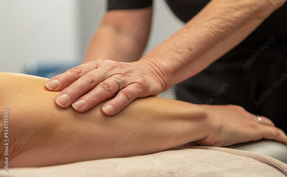 Fototapeta premium A skilled therapist performs a soothing massage on an arm, promoting relaxation and well-being in a tranquil environment.