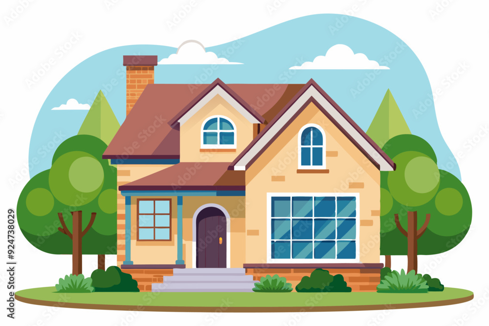 Naklejka premium Two-Story Brick House with Green Landscaping