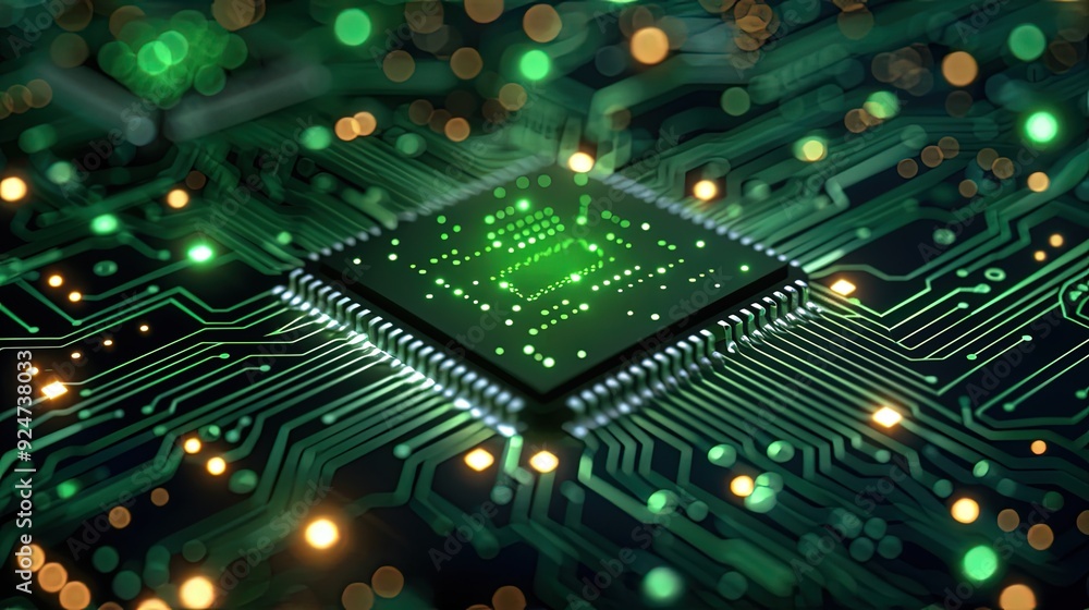 Obraz premium Circuit board microchips with green backlight. Nanotechnology sustainable background.