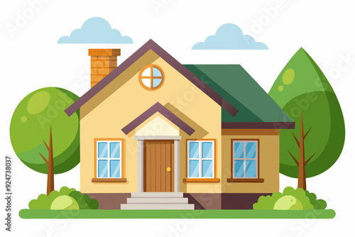 Yellow House with Green Roof and Surrounding Trees