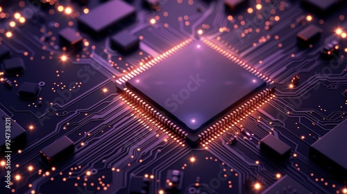 Circuit board microchips with orange backlight. Nanotechnology sustainable background.