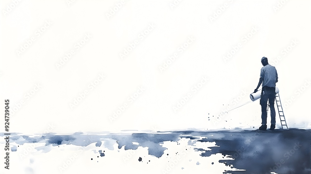 Obraz premium Painter Applying Watercolor Paint to Interior Wall with Splashing Drops