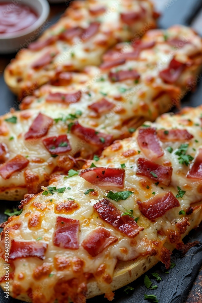 Close Up of Cheesy Twice Baked Potato Boats Topped with Crispy Bacon, and Fresh Herbs Close Up of Cheesy Twice Baked Potato Boats Topped with Crispy Bacon, and Fresh Herbs