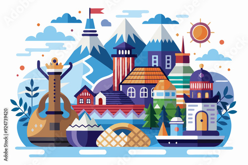 Wallpaper Mural Flat Illustration of a Cityscape with Mountains, Houses, and a Boat Torontodigital.ca