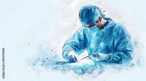 Watercolor of a Surgeon Performing an Incision with a Scalpel in a Light Blue Medical Setting