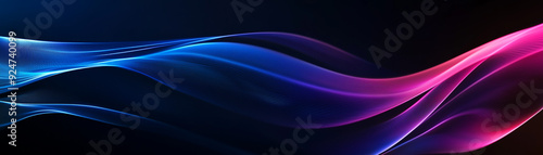 
Black background with blue purple gradient, curved lines in middle of screen, glowing waves, technological style abstract design concept.