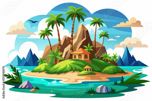 Wallpaper Mural Tropical Island with a Small House, Palm Trees, and Mountains Torontodigital.ca