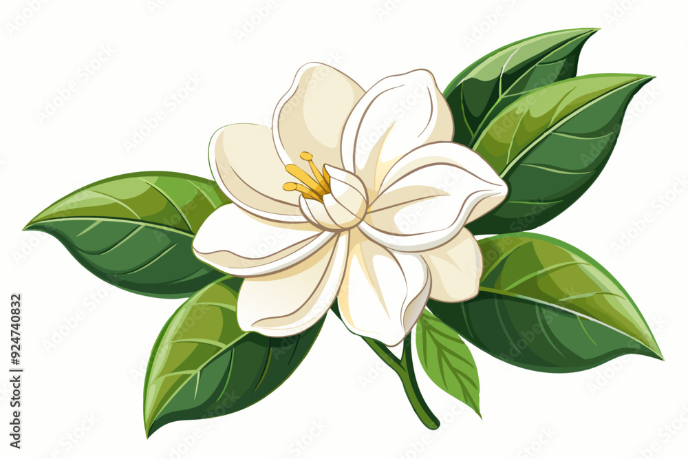 A Single White Flower with Green Leaves on a White Background A Single White Flower with Green Leaves on a White Background