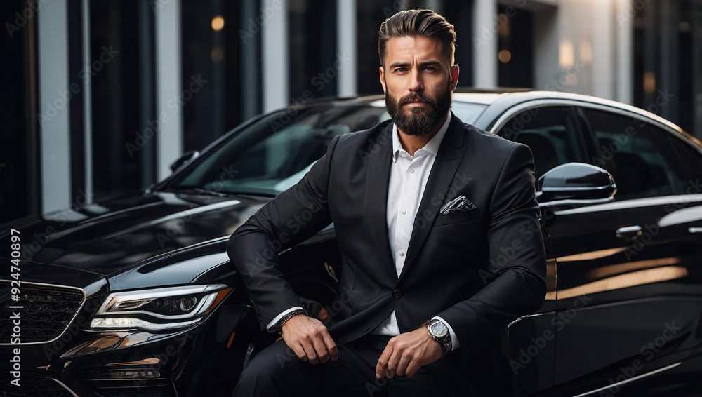 A confident male businessman in a sleek black suit poses with a luxury car, exuding power and sophistication. A confident male businessman in a sleek black suit poses with a luxury car, exuding power and sophistication.