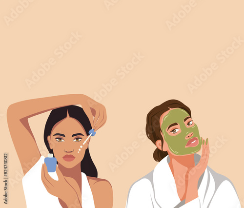 Vector set of cosmetology, face care cosmetics, young skin, cream, mask, patches. Different women take care of their skin. Banner with place for text. Vector illustration for website, posters