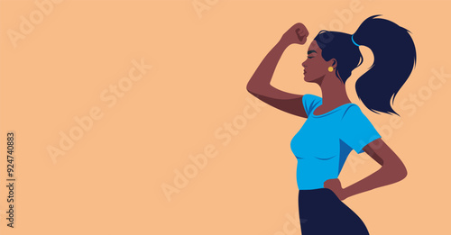 Women's day, vector banner woman clenched fist, feminism, freedom struggle, protest concept, protection of women's rights, symbol of female power, movement for gender equality and women's rights