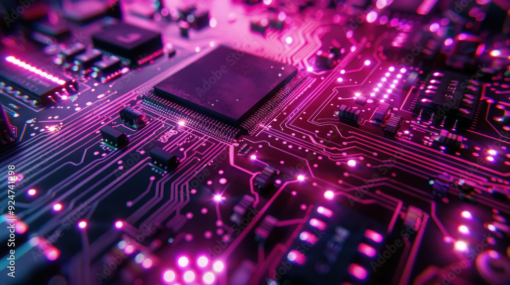 Circuit board microchips with pink and purple backlight. Nanotechnology sustainable background. Circuit board microchips with pink and purple backlight. Nanotechnology sustainable background.