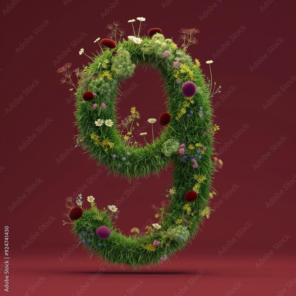 Number 9 made of grass and flowers isolated on red background. Number 9 made of grass and flowers isolated on red background.
