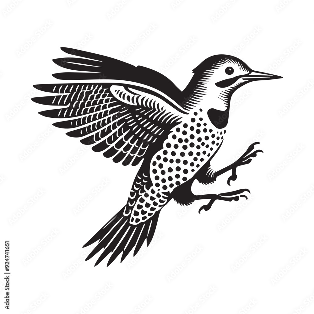 Fototapeta premium Northern flicker silhouette, Woodpecker Bird Clipart, Northern flicker Hopping on the ground illustration in black and white
