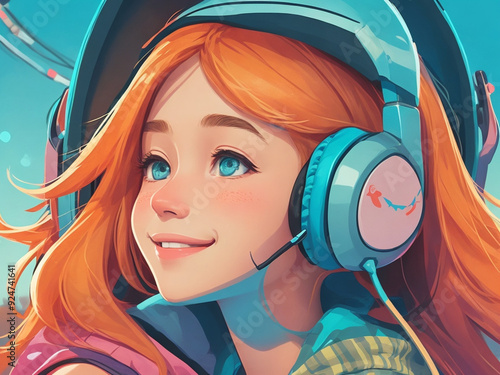 A teenage girl is using headphones. In a relaxed and happy mood enjoying the music. 2D falt cartoon style close-up illustration from head to shoulder level. photo