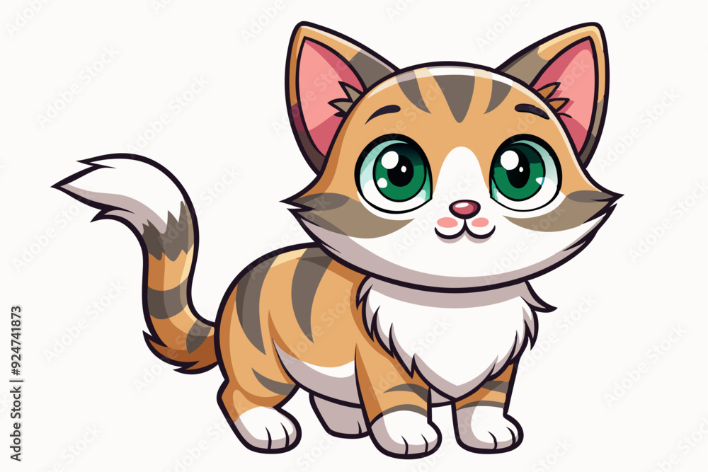 Cartoon illustration of a cute, tabby cat with large, green eyes Cartoon illustration of a cute, tabby cat with large, green eyes