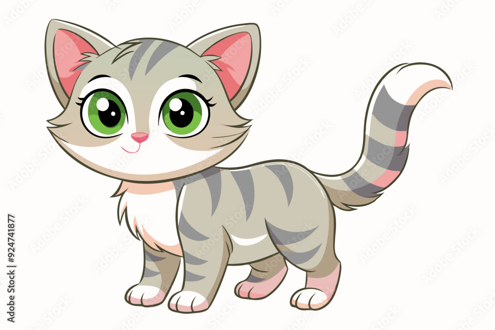 Cartoon Gray and White Tabby Kitten with Pink Ears and Paws Cartoon Gray and White Tabby Kitten with Pink Ears and Paws